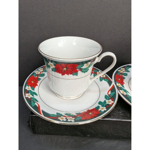 Tienshan Deck The Halls Footed Cup and Saucer Set 6 Oz Lot of 2 - Picture 4 of 10